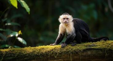 Capuchin monkey in lush rainforest setting with mossy log photo