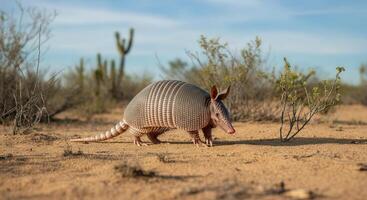 Armadillo in its natural desert habitat amid cacti and open sky photo