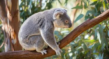 Australian koala resting on eucalyptus tree branch in lush forest environment photo
