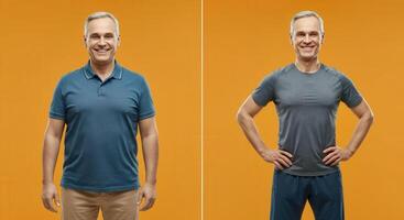 Confident mature caucasian man in casual and activewear on bold orange background photo
