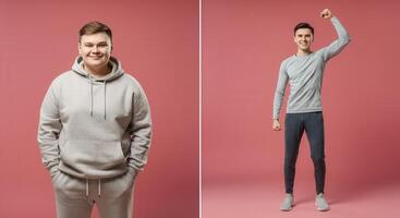 Transformation journey of young caucasian males showing fitness progress before and after on pink background photo