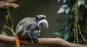 Emperor tamarin in lush forest habitat resting on tree branch photo