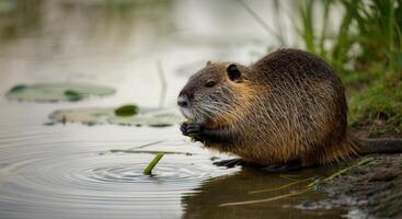 Nutria feeding by tranquil lakeside in serene natural habitat photo