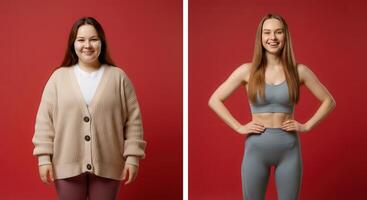 Transformation journey comparison with diverse women on red background for motivation and fitness photo