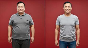 Transformation and wellness concept with diverse asian models in before and after contrast on red background photo