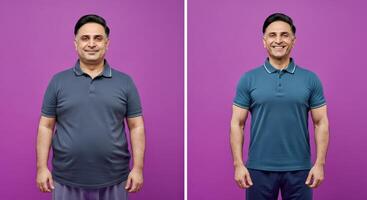Transformation journey. before and after fitness results on colorful background photo