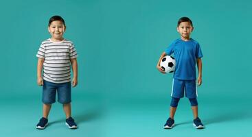 Childhood expression through casual and athletic wear in a studio setting photo