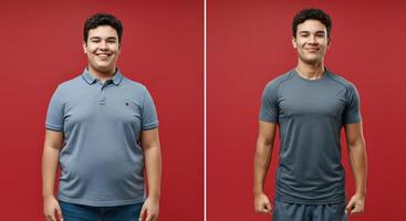 Transformation success. fitness journey before and after on red background photo