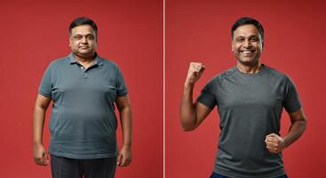 Transformation journey of indian man in fitness and wellness on red background for motivational design photo