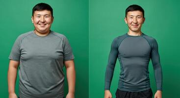 Transformation journey portrait of a smiling man in activewear on green background for fitness motivation photo