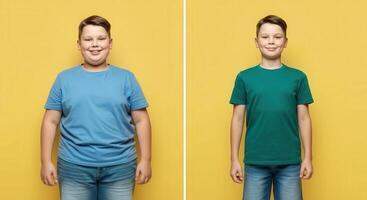 Childhood growth journey, transformation concept, before and after photoshoot on yellow background photo