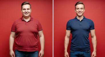 Transformation journey, fitness progress, before and after comparison, red and blue contrast photo