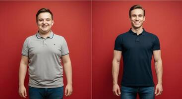 transformación éxito historia, aptitud viaje, positivo estilo de vida cambio con dos hombres en contra vibrante rojo antecedentes foto