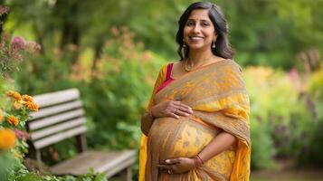 Joyful anticipation. middle aged south asian woman in garden setting for maternity photography photo