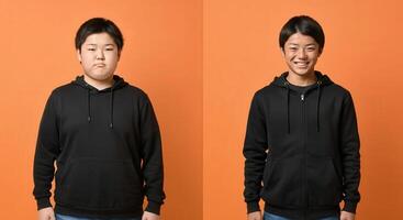 Transformation journey, personal growth, before and after abstract concept, orange background, diverse models photo