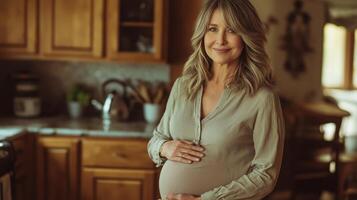 Middle-aged pregnant woman in a cozy kitchen setting, highlighting maternal joy and serenity photo