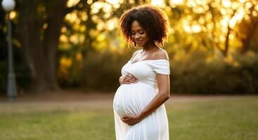 Serene maternity portrait in nature, ethereal glow, perfect for motherhood campaigns photo