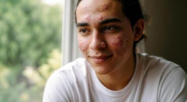 Portrait of a young man with natural skin texture and a contemplative expression by a window photo