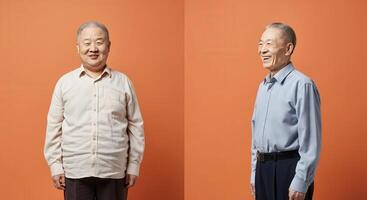 Portrait of senior asian men in casual and formal attire against orange background photo