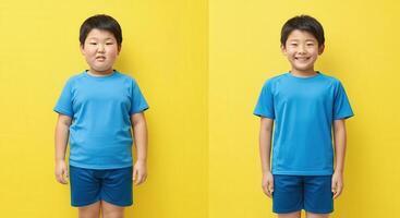 Vibrant portrait of diverse children in blue sportswear against yellow background for design use photo
