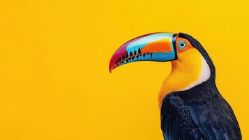 Vibrant toucan perched against a bright yellow background for nature and wildlife photography photo