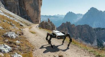 Advanced robotic exploration in remote mountain trail for futuristic adventure and technology concept photo