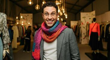 Fashion event smiling man with colorful scarf in trendy clothing photo