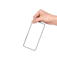 A man's hand holds a smartphone with a white screen isolated on a white background. Close-up. photo