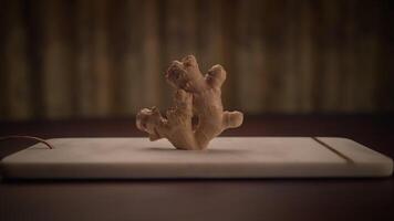 An Artistic Display of Ginger Root Arranged on a Rustic Wooden Board for Visual Appeal video