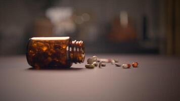A Spilled Medicine Bottle with Various Colorful Capsules Accidentally on the Table Surface video