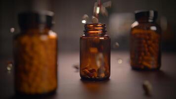 Beautiful Amber Glass Bottles Containing Various Supplements and Pills on a Wooden Surface video
