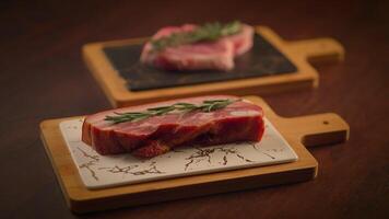 A Beautiful Array of Fresh Cuts of Meat Displayed Artfully on Wooden Serving Boards video