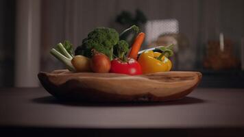 A Collection of Fresh, Colorful Vegetables Arranged in a Rustic Wooden Bowl on a Table video