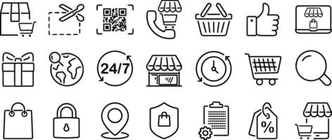 Editable stroke, outline icons set of online shopping and e-commerce, isolated on white background. vector