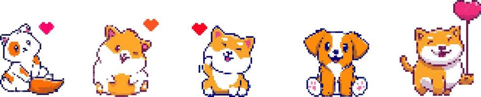 Cat, dog in pixel art - isolated . Cute kawaii style pixel cats in retro 8-bit game style. vector