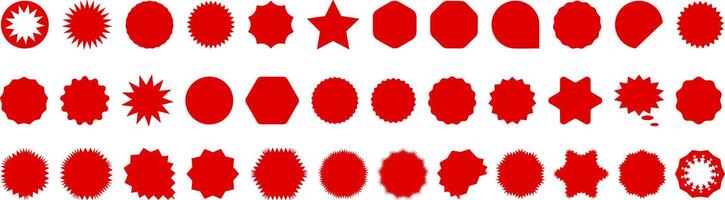 Starburst red sticker set - collection of special offer sale round and oval sunburst labels and buttons isolated. vector