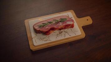 A delicious Ribeye Steak is beautifully arranged on a Serving Board with fresh Herbs video