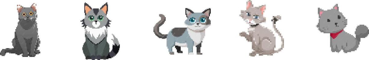 Grey Cats in pixel art - isolated . Cute, kawaii style pixel cats in retro, 8-bit game style. vector