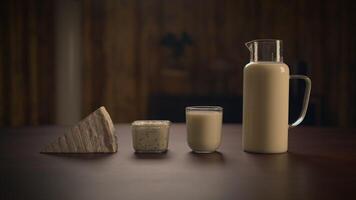 A Variety of Fresh Dairy Products Artfully Arranged on a Rustic Wooden Table Setting video