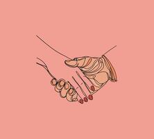 Elegant illustration of two hands. Minimalist one line of a handshake, symbolizing trust and partnership. For business, teamwork, or connection themes, websites to promotional materials. vector
