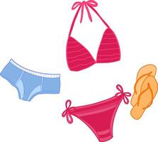 Illustration of a red bikini, blue shorts, and orange flip flops in a simple, colorful style on a white background. For summer or beach designs. vector