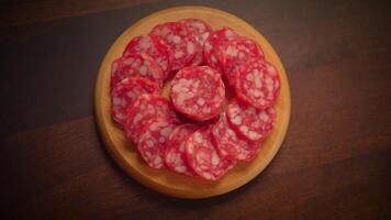 A Beautifully and Deliciously Arranged Selection of Cured Meat on a Rustic Wooden Board video