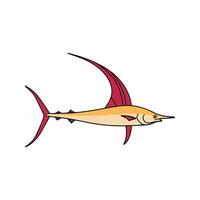 Flat illustration of a sailfish with long slender body, large sail fin, pointed tail, minimalistic design, clean background vector
