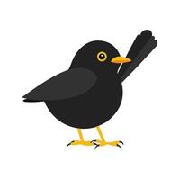 Flat illustration of a stylized common blackbird with black body, yellow-orange beak, and wide wings, minimalistic design, plain white background vector