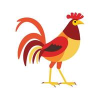 Flat illustration of a stylized jungle fowl with red-orange body, yellow beak, and long tail feathers, minimalistic design, plain white background vector
