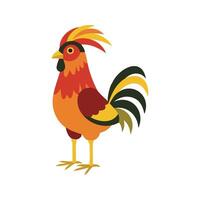 Flat illustration of a stylized jungle fowl with red-orange body, yellow beak, and long tail feathers, minimalistic design, plain white background vector