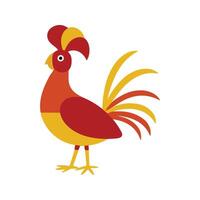 Flat illustration of a stylized jungle fowl with red-orange body, yellow beak, and long tail feathers, minimalistic design, plain white background vector