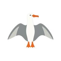 Flat illustration of a stylized albatross with white-gray body, orange beak, and wide wings, minimalistic design, cartoonish style, plain white background vector