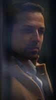 A Contemplative Man in a Dimly Lit Environment, surrounded by atmosphere and depth video