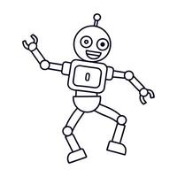 cartoon robot, simple line art, playful design, waving, round head, antenna, rectangular body, mechanical arms and legs, open smile, minimalistic style, white background vector